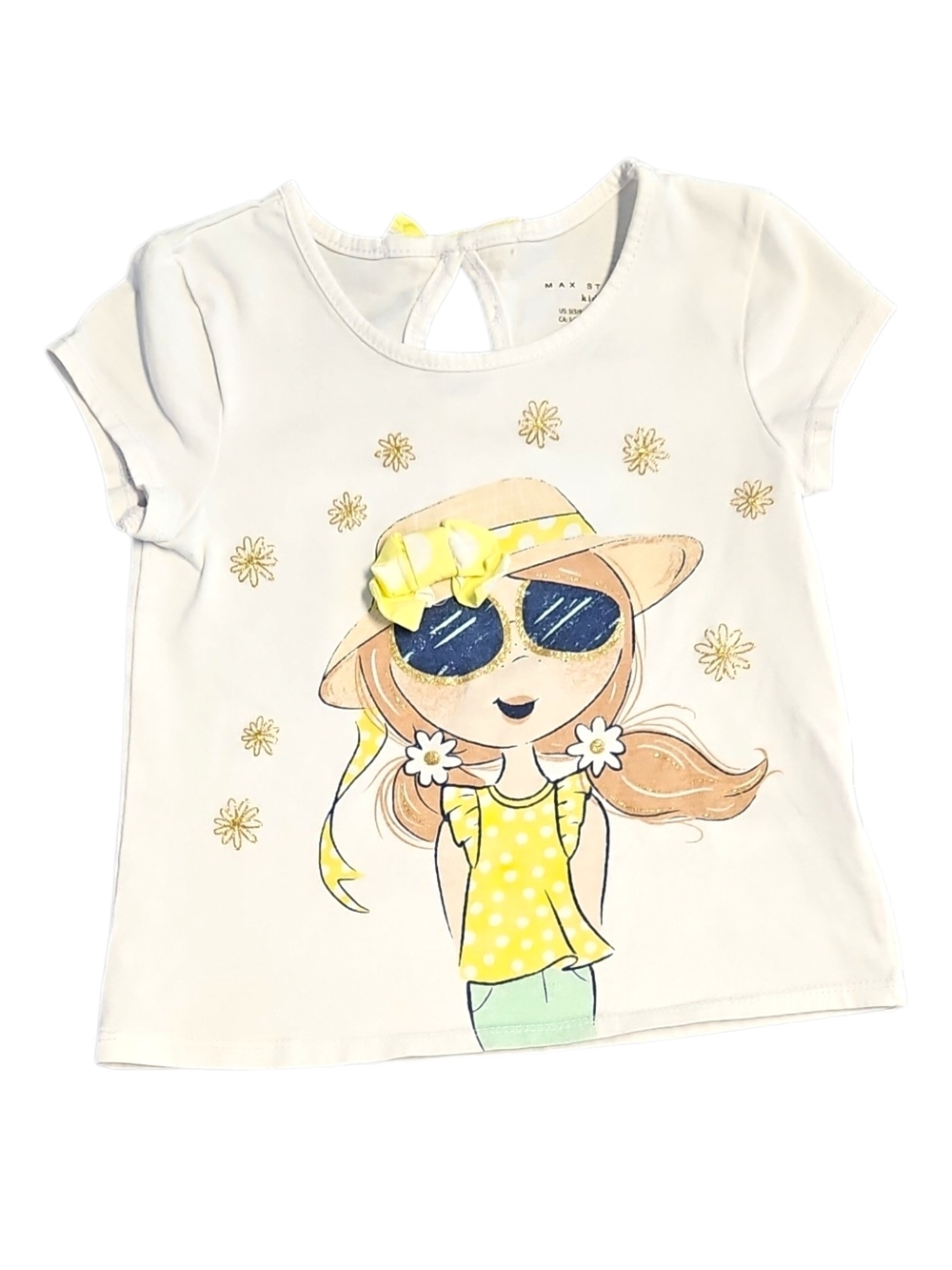 Max Studio Kids Girls' White Tee with Yellow Sun Hat Graphic Size Small 5/6